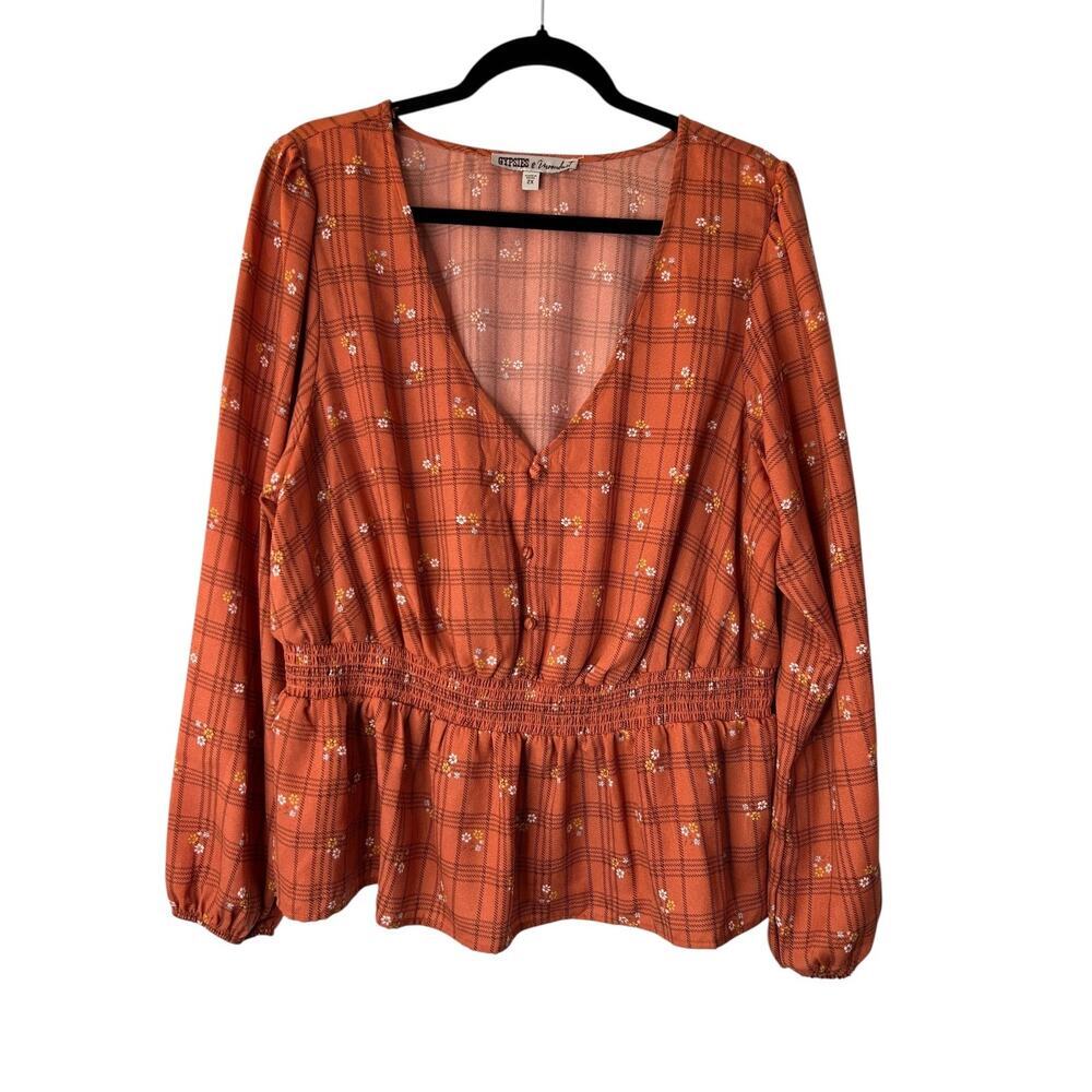 Gypsies and Moondust Top Size 2X Blouson Sleeves Elastic Waist V-Neck Boho Chic